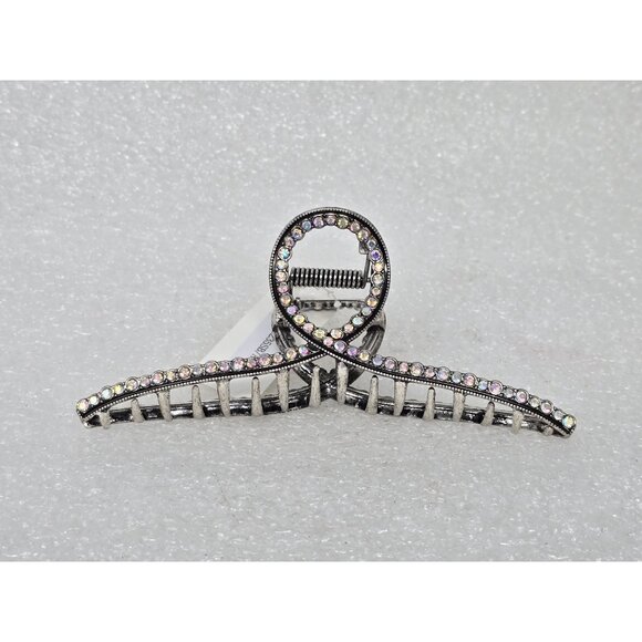 Rhinestone Embellished Silver Tone Metal Hair Claw Clip Decorative Loop Design - Picture 2 of 3